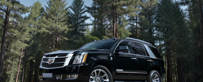 black cadillac escalade at forest